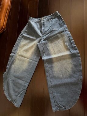 Wide Leg Denim Pants in Washed Blue